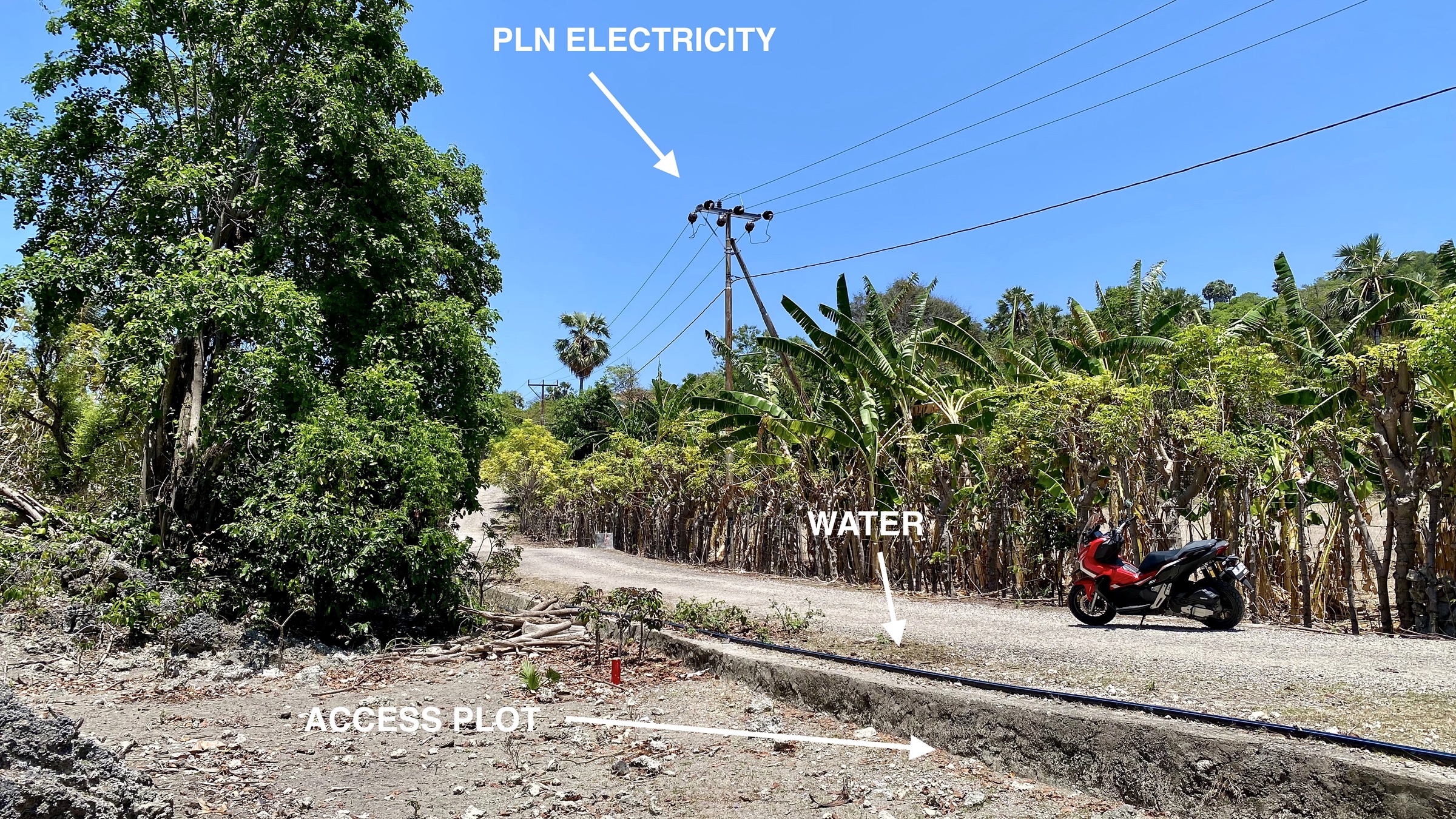 Annotated view showing PLN electricity, water and access to the plot