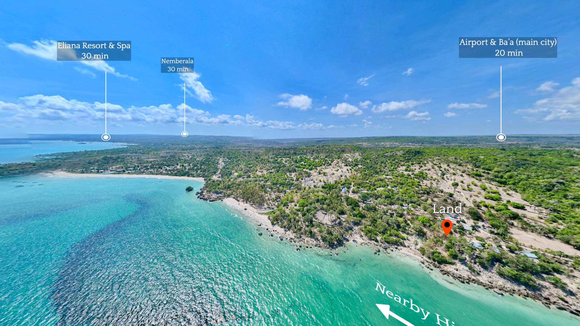 Annotated aerial context showing the land and nearby destinations