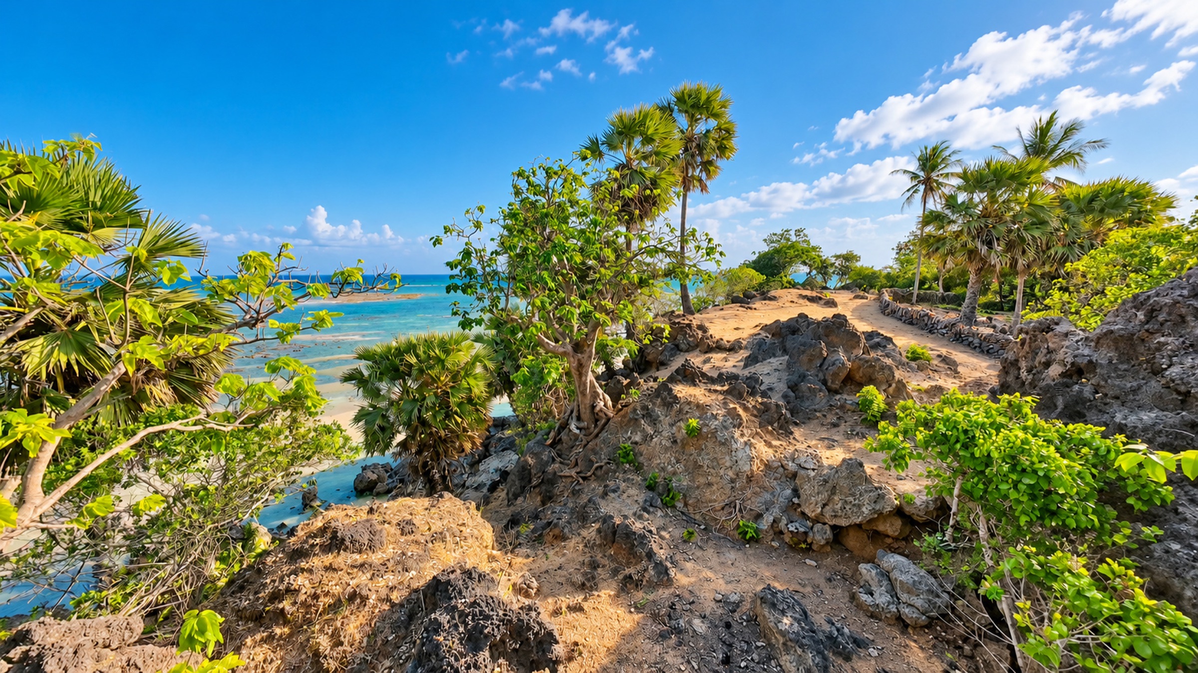 Palms and volcanic rock overlooking the ocean