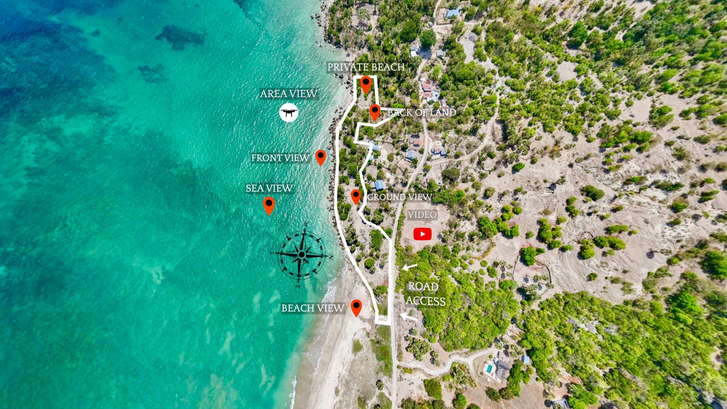 Annotated aerial overview of Rote Beachfront Land and its coastline